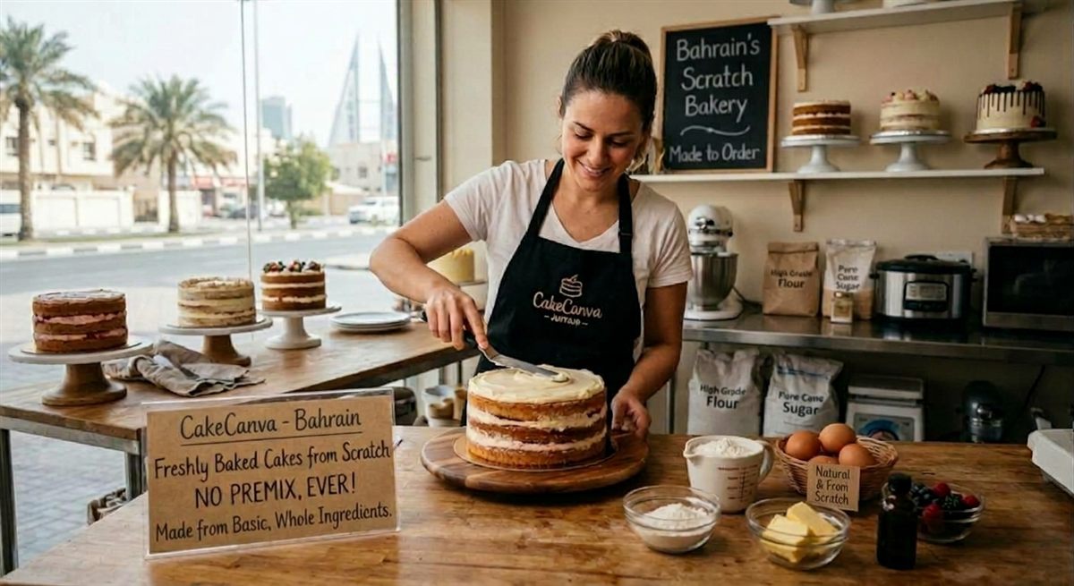 Illustration of a baker finishing a layered cake in a bright Juffair bakery, with a sign reading Freshly Baked Cakes from Scratch, No Premix.