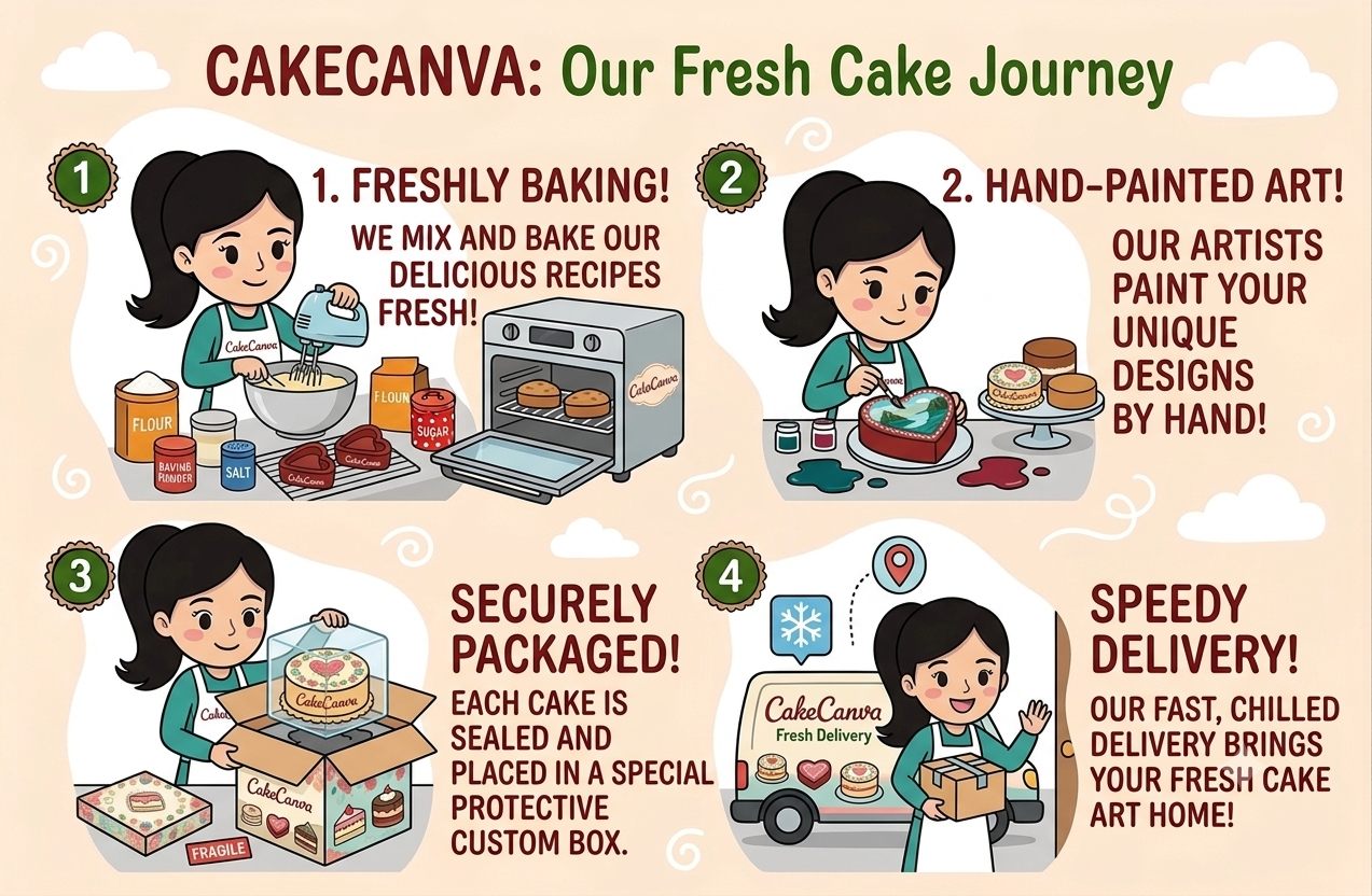 Illustrated CakeCanva process in four steps: freshly baking the cake batter, hand-painting the custom design, securely packaging the finished cake in a protective box, and fast chilled delivery to the customer in Bahrain.